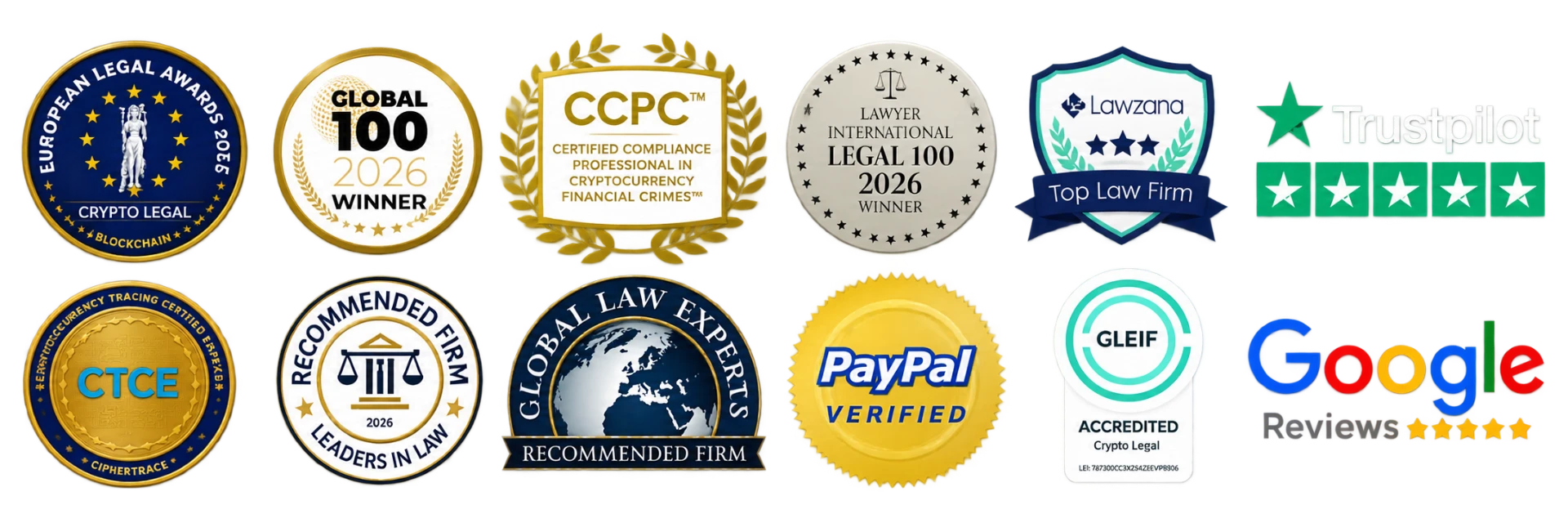 Awards and accreditations: European Legal Awards, Global 100 Winner 2026, CCPC, Lawyer International Legal 100, Lawzana Top Law Firm, Trustpilot, CTCE, Recommended Firm, Global Law Experts, PayPal Verified, GLEIF Accredited, Google Reviews