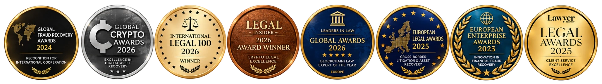 Global Fraud Recovery Awards 2024, Global Crypto Awards 2026, International Legal 100 2026, Legal Insider 2026, Leaders in Law Global Awards 2026, European Legal Awards 2025, European Enterprise Awards 2023 and Lawyer Monthly Legal Awards 2025